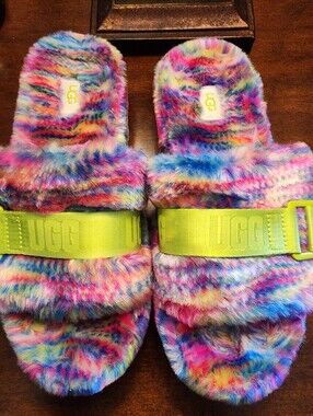 UGG Women's Fluffita Multicolor Fuzzy Slide Sandals with Neon Yellow Strap